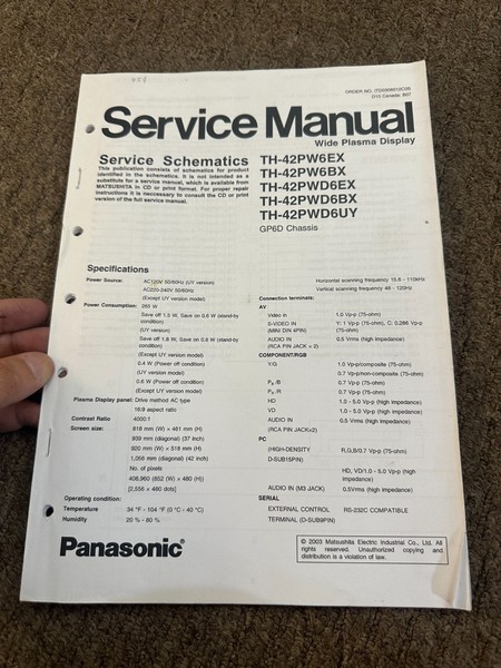 Panasonic TH-42PW6EX 42PW6BX 42PWD6EX GP6D Service Manual *Original* SM2