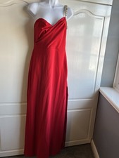size 12  Red One Shoulder Maxi Dress With Silver Shoulder Strap And Thigh Split 
