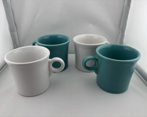 Lot/4 Fiestaware Coffee Cups O Ring Handle Homer Laughlin Mugs Turquoise & White