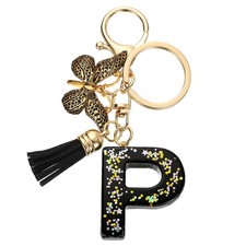 Initial Letter Keychains, Resin Cute Pendant with Butterfly  Tassel, Black-P