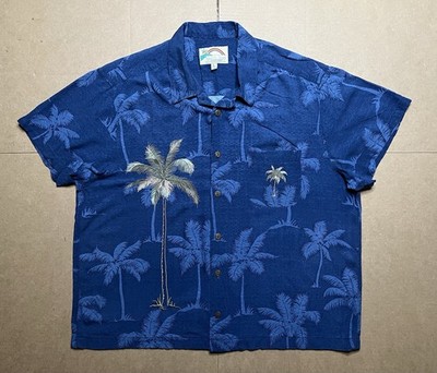 Paradise Found Men s L Blue Hawaiian Palm Trees Embroidered Rayon Shirt