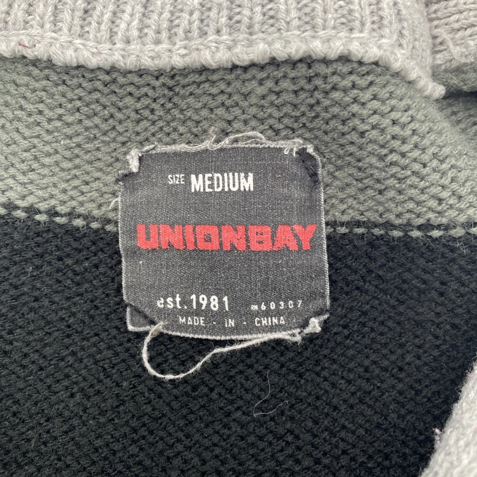 Unionbay Sweater Mens Medium Black Gray Cardigan Striped Shawl Preppy Retro - Image 4 of 4