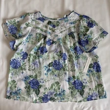 counterparts Blue Green Floral Short Sleeve Ruffle Top XL NWT