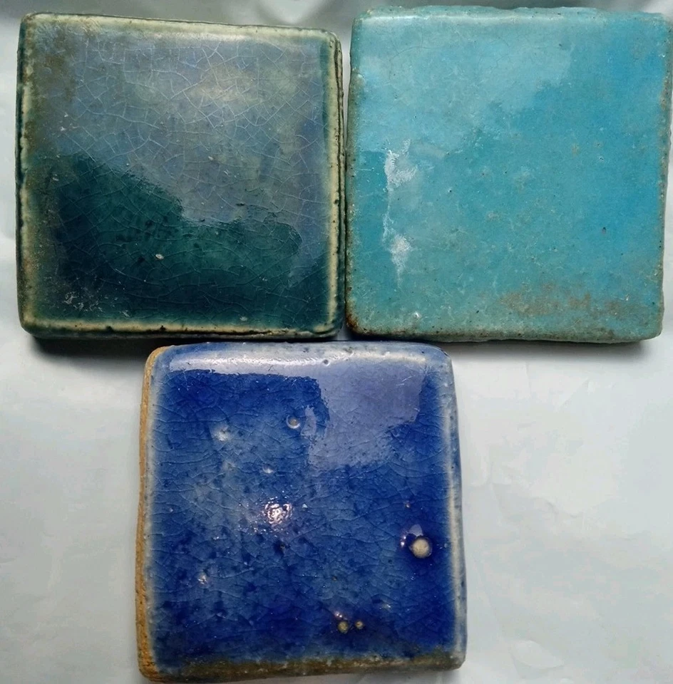 3 Azulejos de Pared Talevera Cerámica Azul Verde De Colección Cocina Baño 2 3/4" Crazing Foto 2 de 4