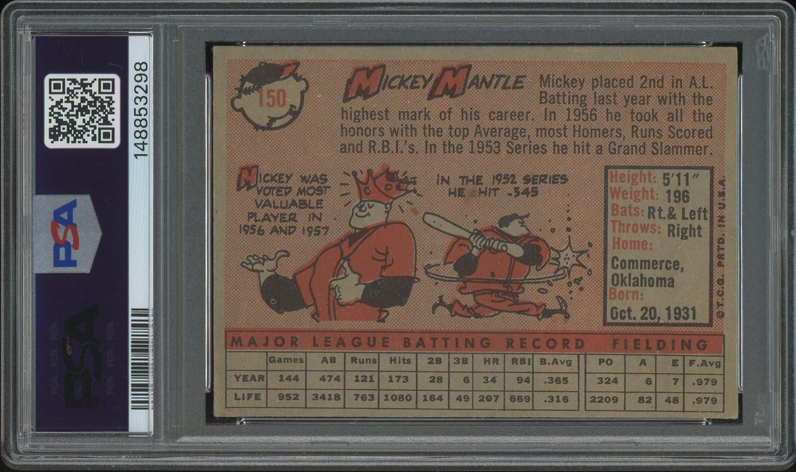 1958 Topps Baseball #150 Mickey Mantle PSA 3 (VG) view 2