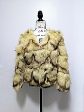New Real Fox Fur Coat Cropped Jacket Blazer Yellow Grey Black Geometric Pattern