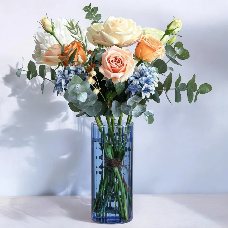 NUEVO Florero West Elm XL Coloreado Vidrio Boho Acanalado Cilindro Florero Decoración 8" Foto 3 de 4