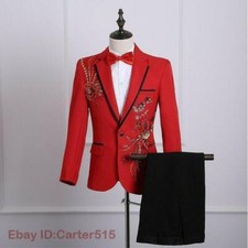 Mens Rhinestone One Button Sequins Costume Lapel Jacket Pants Suits Slim 2PCS