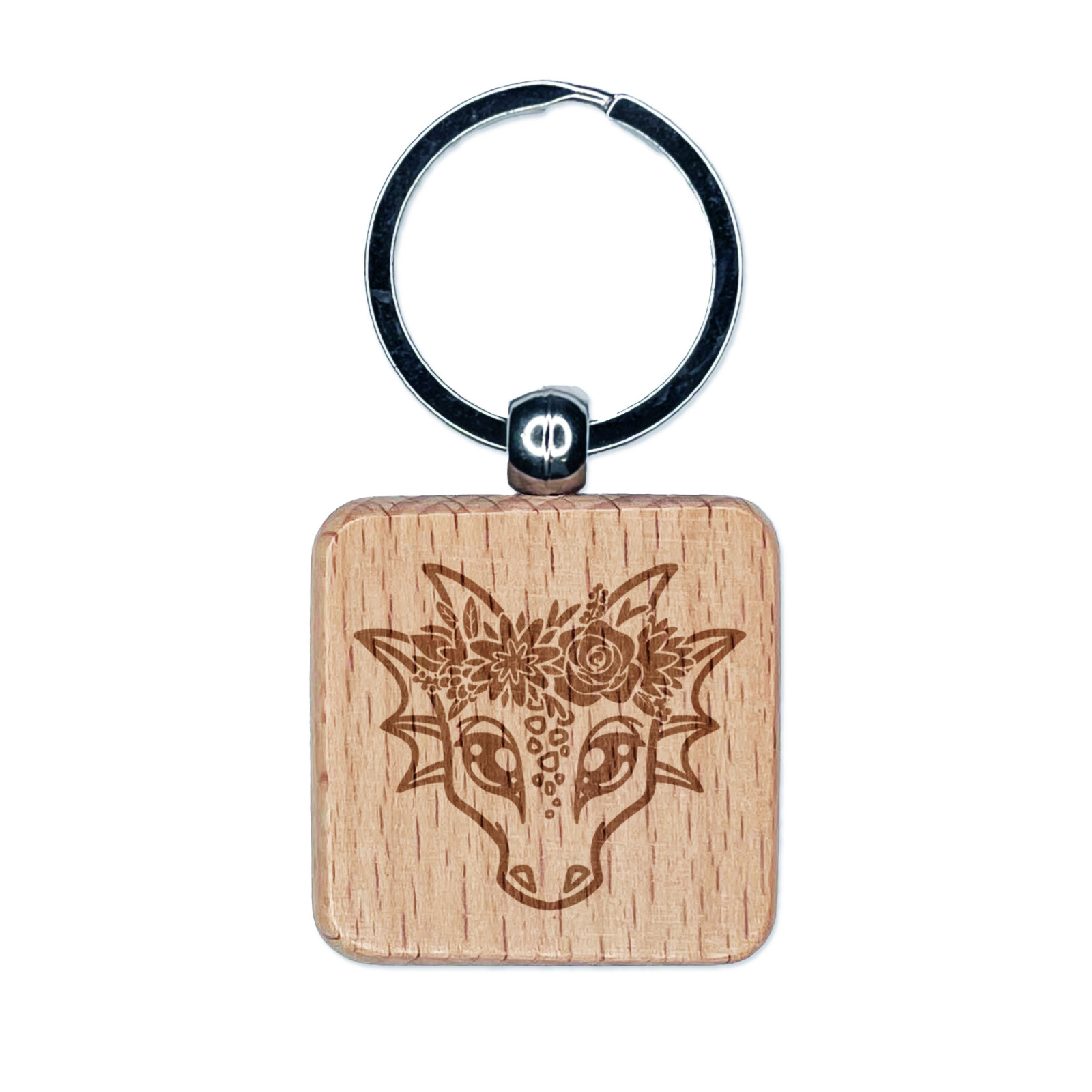 Floral Crown Dragon Engraved Wooden Keychain Charm Tag