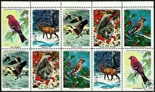 ELK, PINE GROSBEAK, BOHEMIAN WAXWING, CANADA GOOSE, GRAY SQUIRREL MINI SHEET