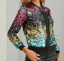 Women Sequin Glitter Bomber Jacket Ladies Biker Festival Clubbing Party Club Top