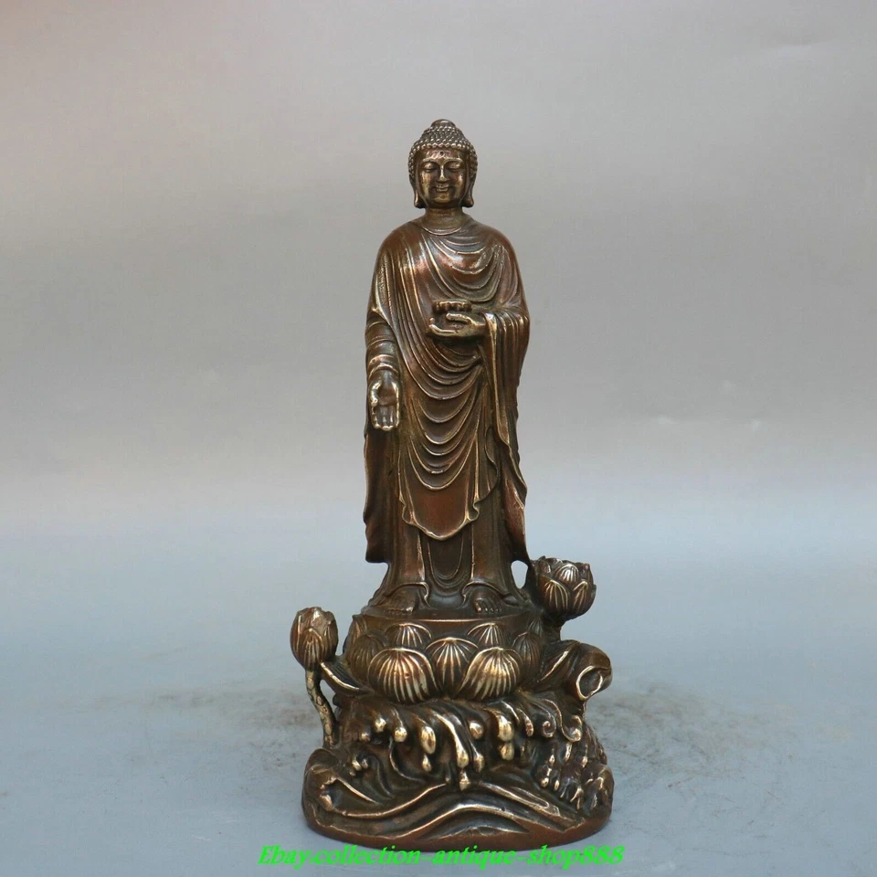 7.6" Antiguo Tíbet Budismo Bronce Loto Occidental Shakyamuni Kwan-yin Dios Estatua Conjunto Foto 2 de 4