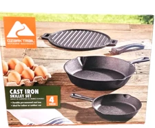 OZARK TRAIL 4 Piece CAST IRON SKILLET SET - 6", 10.5", 11" Pre- Seasoned 