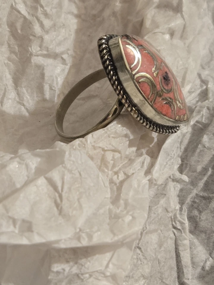 Anillo ajustable rosa hecho a mano plata tibetana talla 7 oblongo Foto 2 de 4