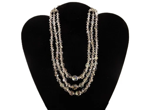 13" Vintage 3 Strand AB Glass Bead Necklace, Elegant, Costume Jewelry JWL-520