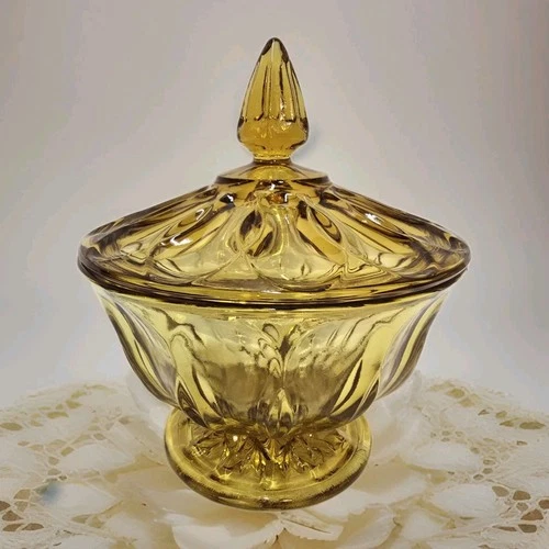 Vtg 'Fairfield' Amber Honey Glass Candy Dish Footed w/Finial Lid. Anchor Hocking