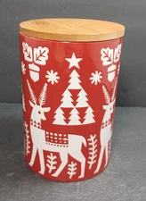 Now Designs Ceramic Yuletide Red Jar/Canister Wooden Lid Christmas Holiday Theme