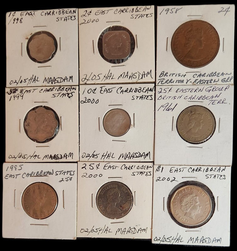 9 coin lot East Caribbean States-1, 2, 2, 5, 10, 25, 25, 25, $1. 1958-2002 NICE