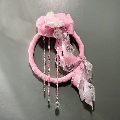 Wall Jewelry Design, Wreath, Roses, Pink, Glass Beads, One-of-a-Kind