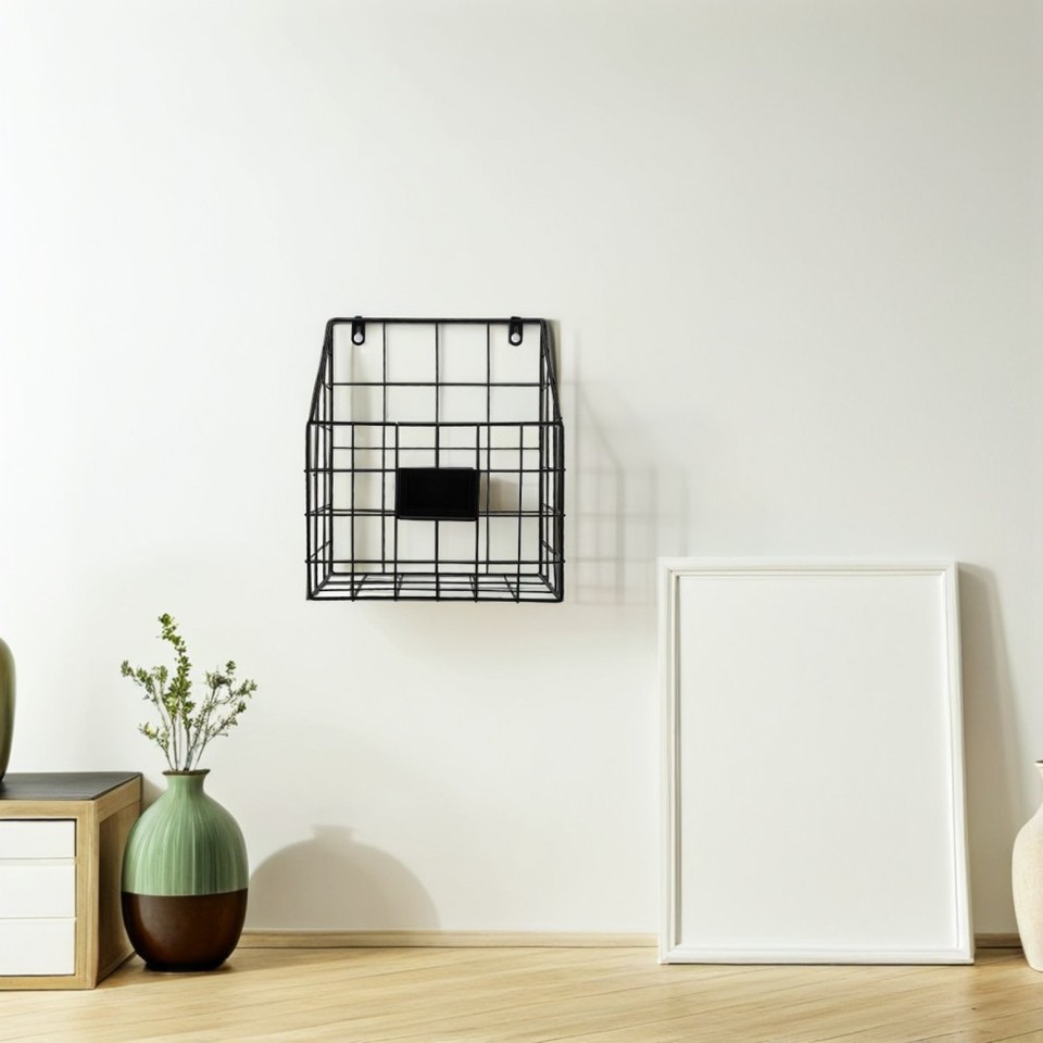 Magazine Organizer Wall Mounted Iron Hanging Basket Storage Rack Black ...