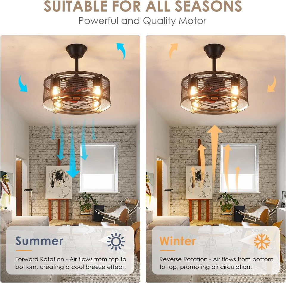 Caged Ceiling Fan with Light, 18 Inch Farmhouse Fandelier Ceiling Fans for Kitch - Image 4 of 4