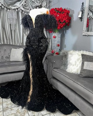 Beaded Crystals Mermaid Prom Dresses Feather Appliques Party Gown Sexy Slit | eBay Beaded Crystals Mermaid Prom Dresses Feather Appliques Party Gown Sexy Slit | eBay