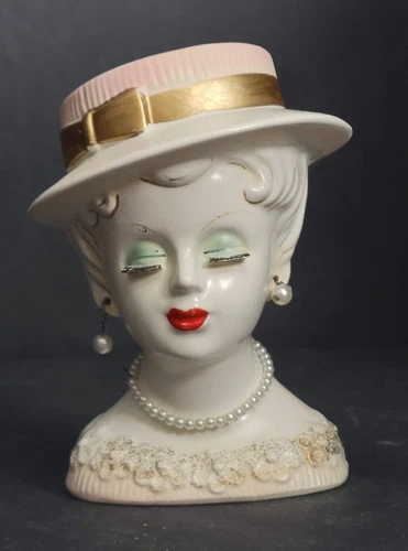 Vintage LeeWards Exclusive Lady Head Vase–Japan, Mid-Century Ceramic with Pearls