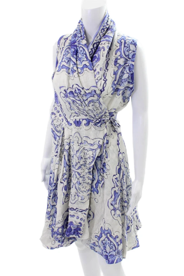 Sartoria Saracena Womens Linen Floral V-neck Wrap Dress Blue Size L - Image 2 of 4