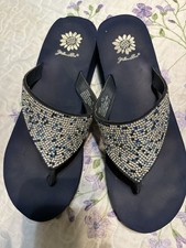 Yellow Box Women s Blue Thong Sandals Leather Slip On Rhinestone Straps 10