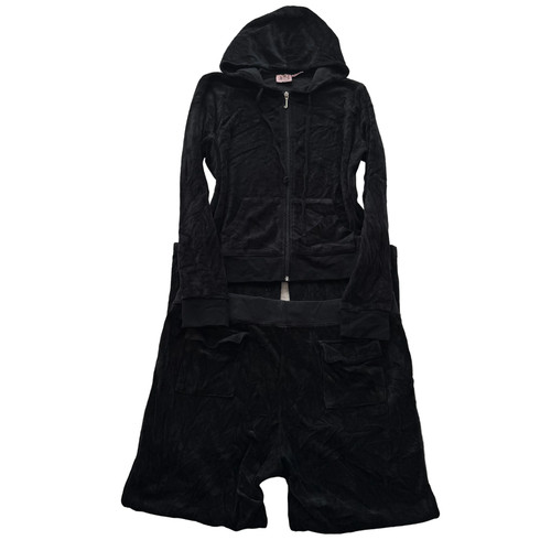 Vintage Juicy Couture Women's Black Velour Tracksuit Set Hoodie & Pant Y2k Size