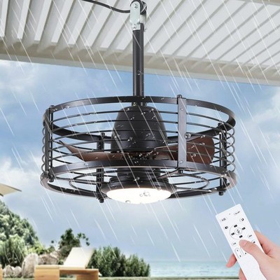 Outdoor Ceiling Fan with Light for Waterproof, 18'' Caged Low Profile Industri...