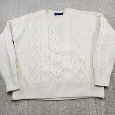 Polo Ralph Lauren Fisherman Sweater Women Medium Chunky Cable Knit Cream Cotton