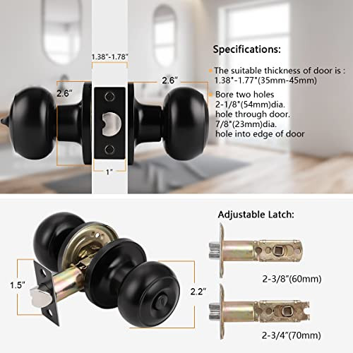 Black Door Knob 8 Pack, Interior Door Handles Black Finish, Round Knob Style, - Picture 5 of 7
