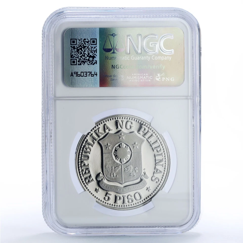Moneda Filipinas 5 pisos República Nueva Sociedad Marcos PF69 NGC CuNi 1975 Foto 4 de 4