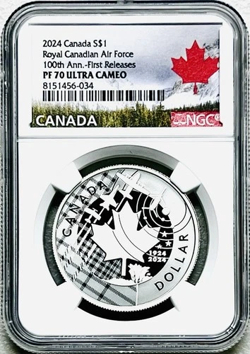 2024 $1 CANADA SILVER DOLLAR PROOF NGC PF70 MAPLE LEAF AIR FORCE FIRST RELEASES