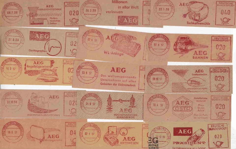 ZB24 - 15 verschiedene nur AEG-Absenderfreistempel Ausschnitte 1950-er Jahre - Bild 1 von 1