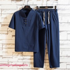 Summer Men's 2pc Cotton Linen Walking Suit Short Sleeve Casual Shirt  Pants Set