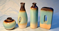 SET OF 4 CERAMIC VASES DIFFERENT SHAPES/SIZES BROWN/BLUE/TAN 3-7 INCHES