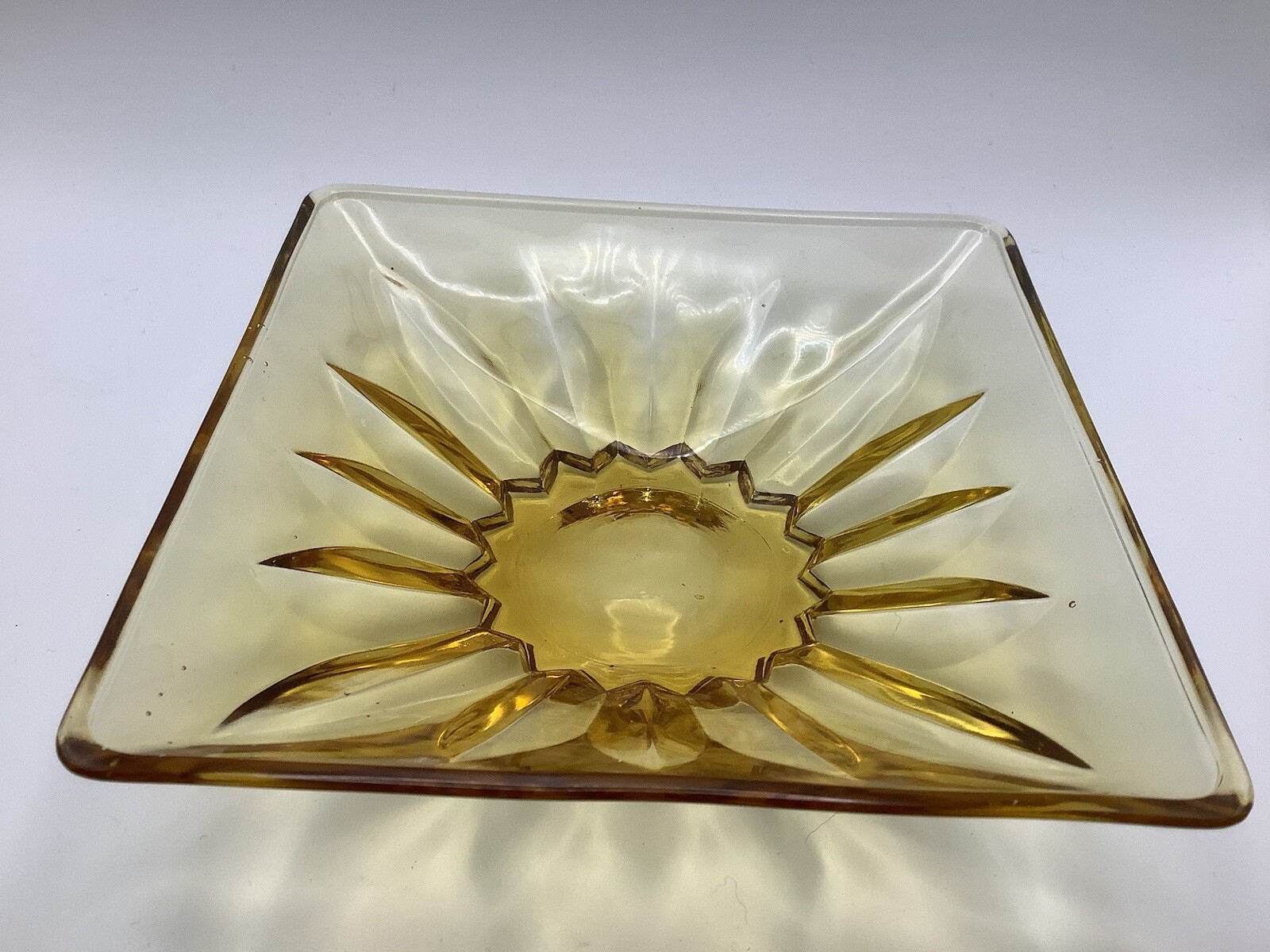 Vintage Amber Glass Square Candy Dish with Sunburst Base Excellent Condition  