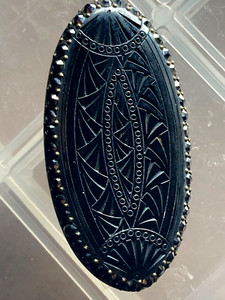 1920- 30s Art Deco mourning brooch pin jet Black Bakelite Carved Oval Marcasites
