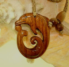 35mm Genuine Hawaiian Koa Wood Maori Dolphin Koru Friendship Pendant Necklace