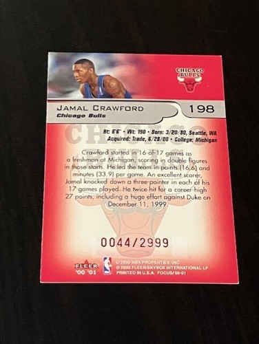 JAMAL CRAWFORD rc 2000-01 Fleer Focus # 198 #d /2999 BULLS - Picture 2 of 2