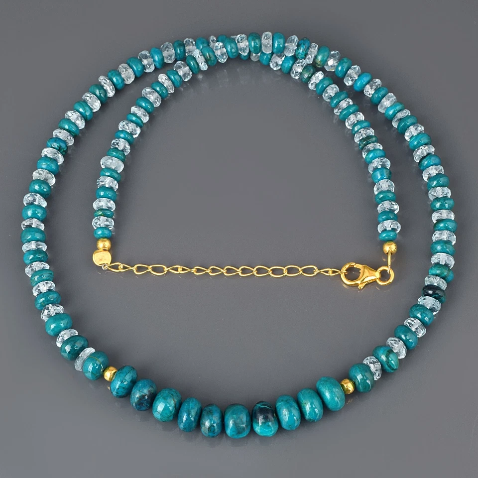 Collana Di Perle In Gemme Naturali Di Topazio Blu E Crisocolla - Immagine 4 di 4