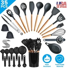 Silicone Kitchen Utensils Set Heat Resistant Spatula Wooden Handle Cooking Tools