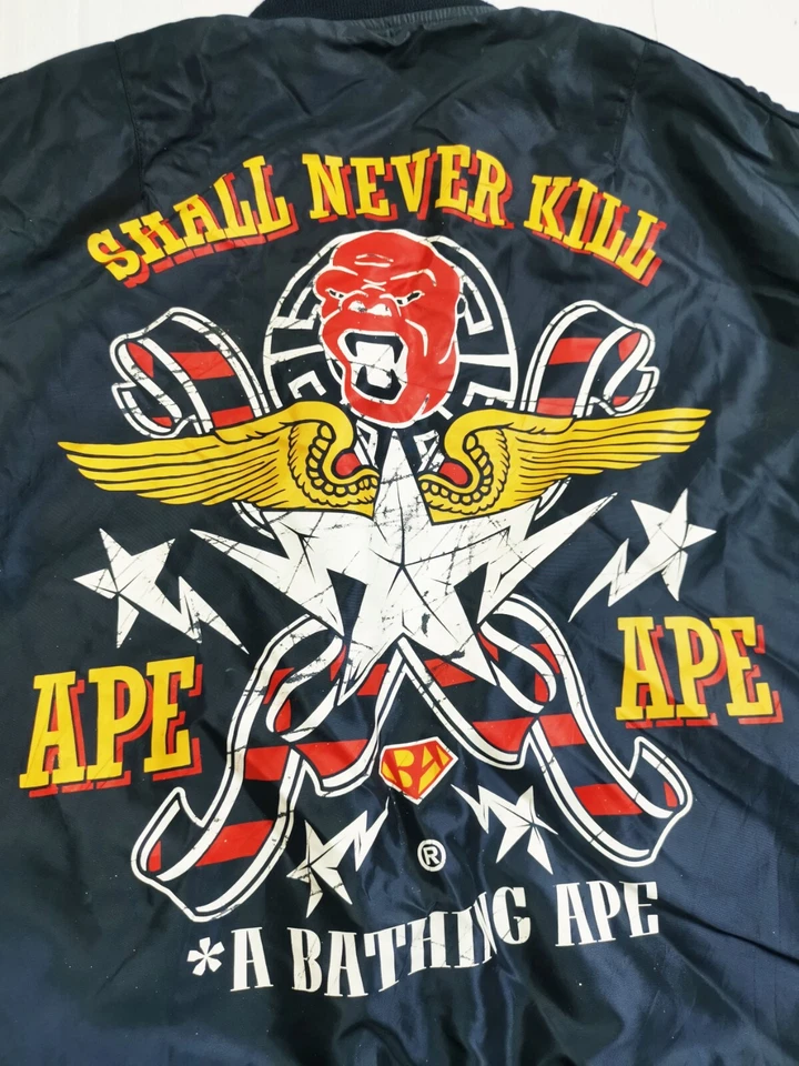 HOT VTG Men's A BATHING APE @ MA1 BOMBER SHALL NEVER KILL NAVY Jacket L (*Fit M) - Image 3 of 4