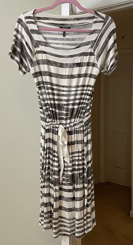 Daisy Fuentes Dress Taupe Striped Knit Modal Pullover Cinch Waist Women's Small