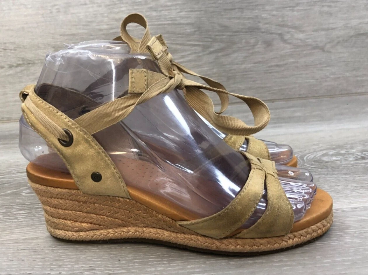 UGG sandalo donna espadrillas 5 marrone pelle scamosciata zeppa scarpe punta aperta