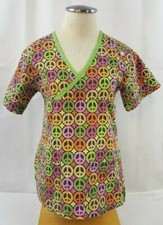 Med Wear Size S Scrub Top Peace Signs Multi-Color Medical Uniform