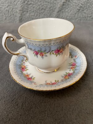 Paragon Tea Cup & Saucer Bridesmaid White With Blue Border Pink Yellow Roses