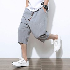 Mens Linen Capri Pants Shorts Drop Crotch Harem 3/4 Trousers Crop Elastic Waist
